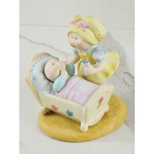 Cabbage Patch Kids Girl w/ Baby in Crib Figurine 1984 Porcelain 4 1/4" Korea